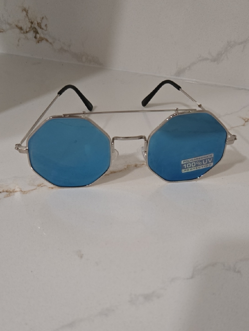 Octagonal Blue Lens Sunglasses with Silver Frame